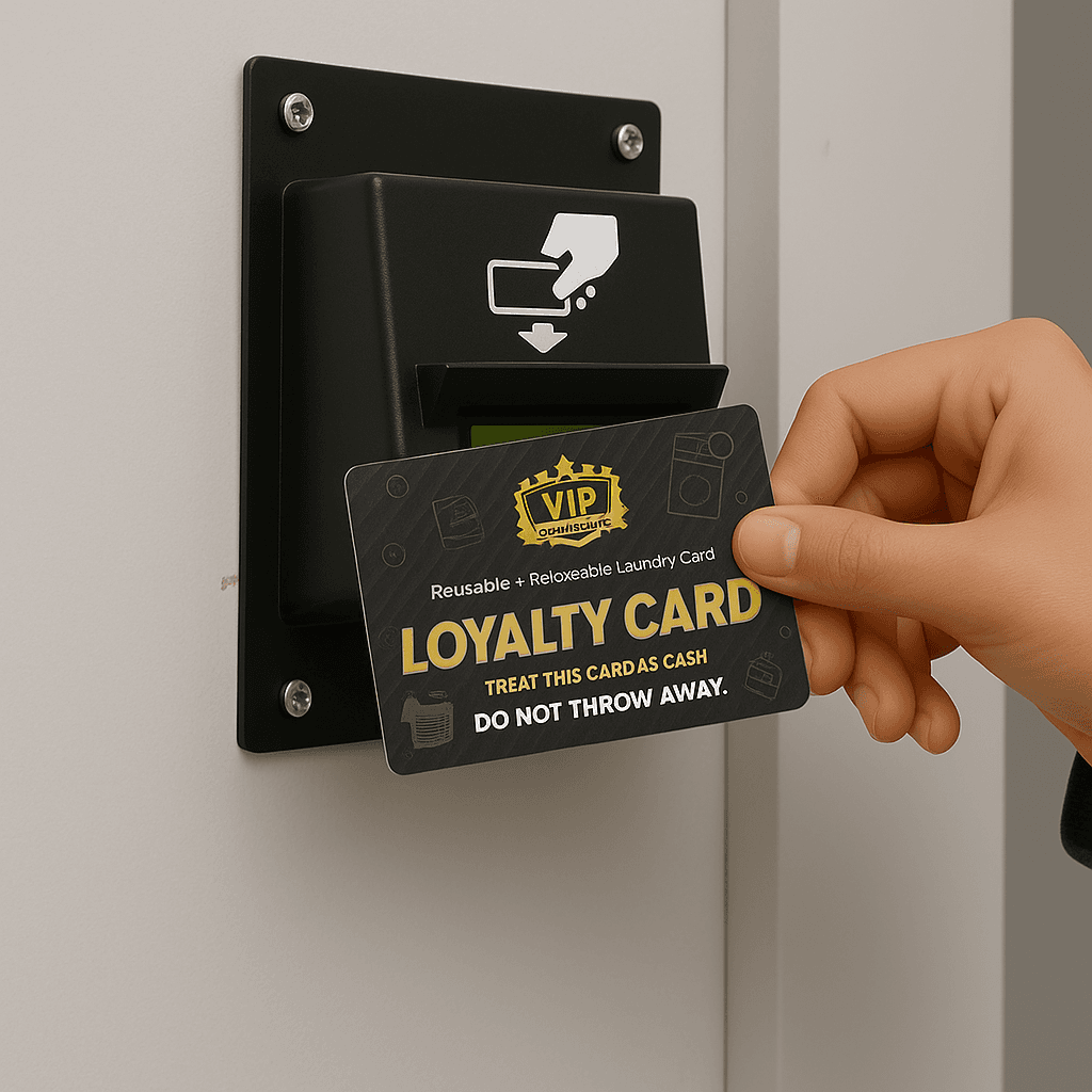 VIP loyalty laundry card inserted at a wall-mounted reader